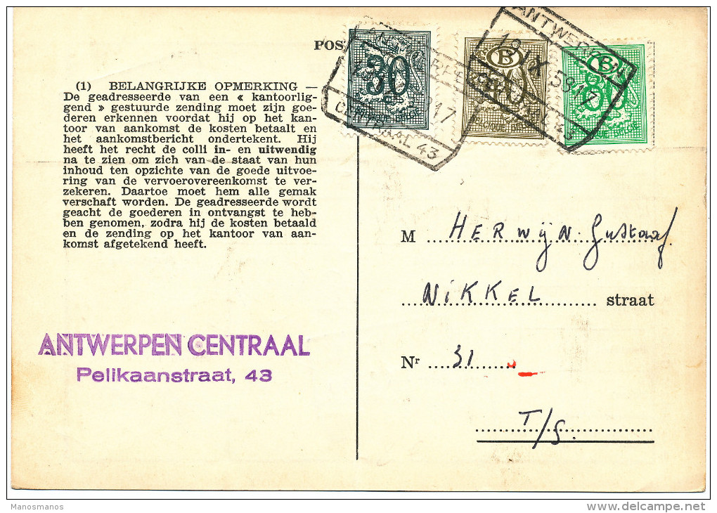 529/24 - Carte SNCB - RARE Affranchissement Mixte TP Service Et Poste - Gare De ANTWERPEN Centraal 1958 - Storia Postale