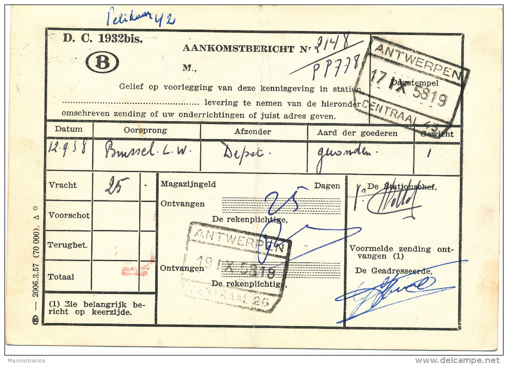 529/24 - Carte SNCB - RARE Affranchissement Mixte TP Service Et Poste - Gare De ANTWERPEN Centraal 1958 - Cartas & Documentos