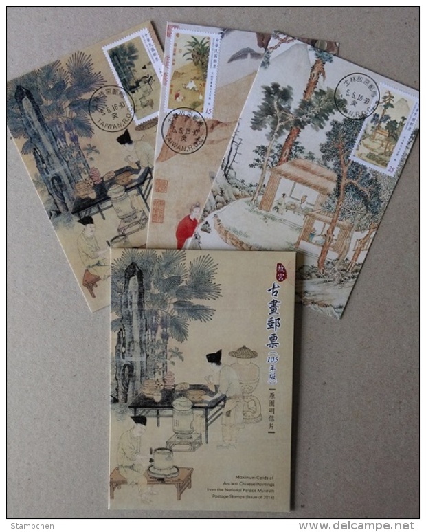 Maxi Cards(B) Taiwan 2016 Ancient Chinese Painting Stamps Tea Palace Museum Bridge Mount Tree - Maximumkaarten