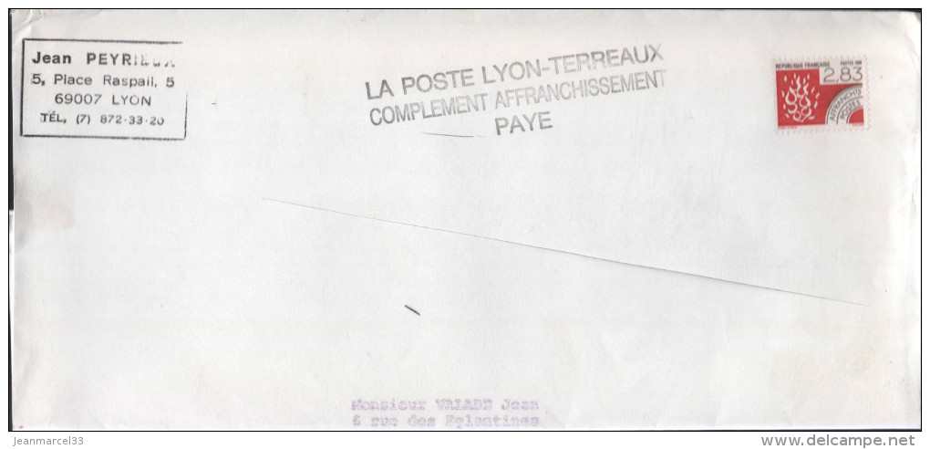 Lettre Affranchits Postes 2,83 Avec Grande Griffe Noire "La Poste Lyon-Terreaux/Complèment Affranchissement/Payé" - Briefe U. Dokumente