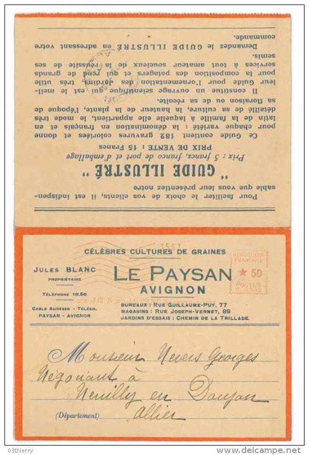 CARTE LETTRE FACTURE REPONSE 1954 PUB LE PAYSAN CULTURES DE GRAINES AVIGNON 30 - Agriculture