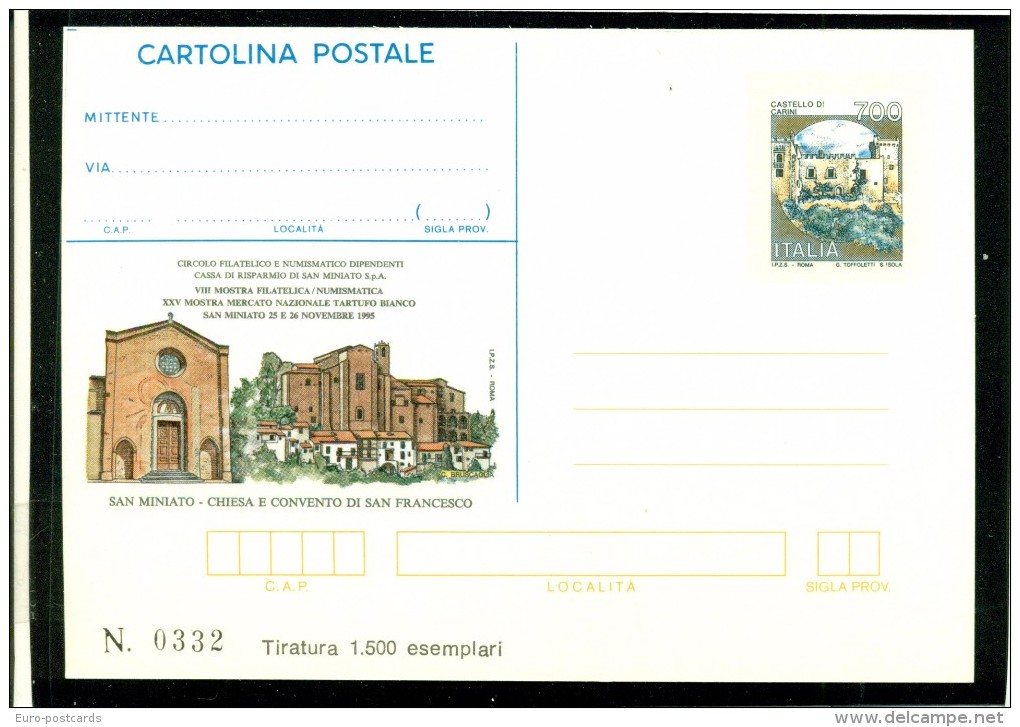 INTERO POSTALE-INTERI POSTALI I.P.Z.S.-C.P. IPZS - SAN MINIATO-BORSE E SALONI COLLEZIONISMO-MOSTRE FILATELICHE-CHIESA SA - Interi Postali