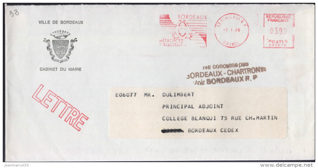 Lettre EMA 33 Bordeaux RP -7.1.86  Griffe Noire " Ne Concerne Pas/Bordeaux-Chartrons/Voir Bordeaux R.P" - Storia Postale