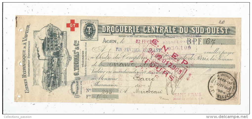 G-I-E , Ordre De Paiement , Droguerie Centrale Du Sud Ouest , AGEN , G. Thomas & Cie , 1906 - 1900 – 1949