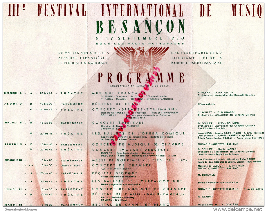25 - BESANCON - DEPLIANT TOURISTIQUE -FESTIVAL MUSIQUE SEPTEMBRE 1950- EUTERPE- - Dépliants Touristiques