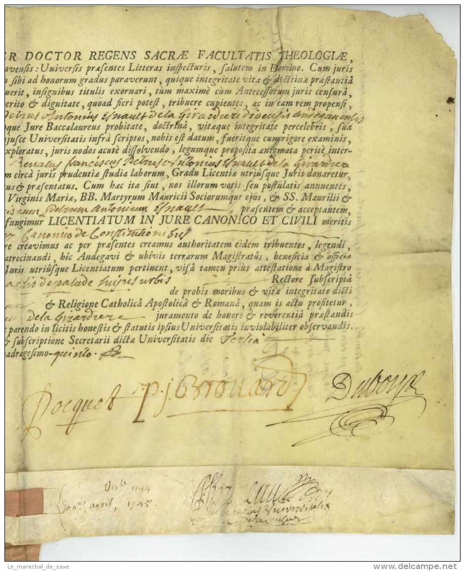 Universite D'ANGERS - 1745 - Diplome - Rene ROBERT DES MARCHAIS (1673-1753), LEFEVRE D'ORMESSON Etc. - Historical Documents