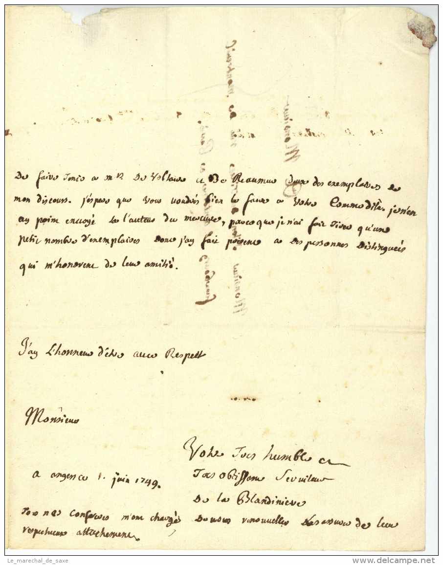 Jean-Pierre De COTELLE DE LA BLANDINIERE (1709-1795) - à Titon Du Tillet - ANGERS 1749 - Voltaire Reaumur - Historical Documents