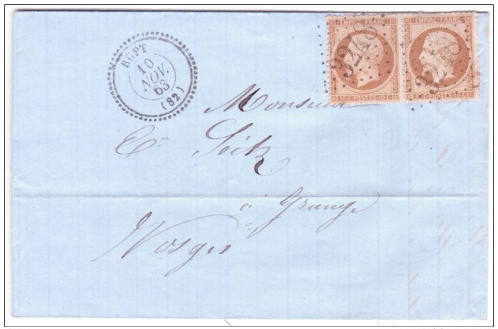 1863- Lettre De RUPT ( Vosges ) Cad T22  Affr. Paire N°21 Oblit. G C 3248  Pour Granges - 1849-1876: Classic Period