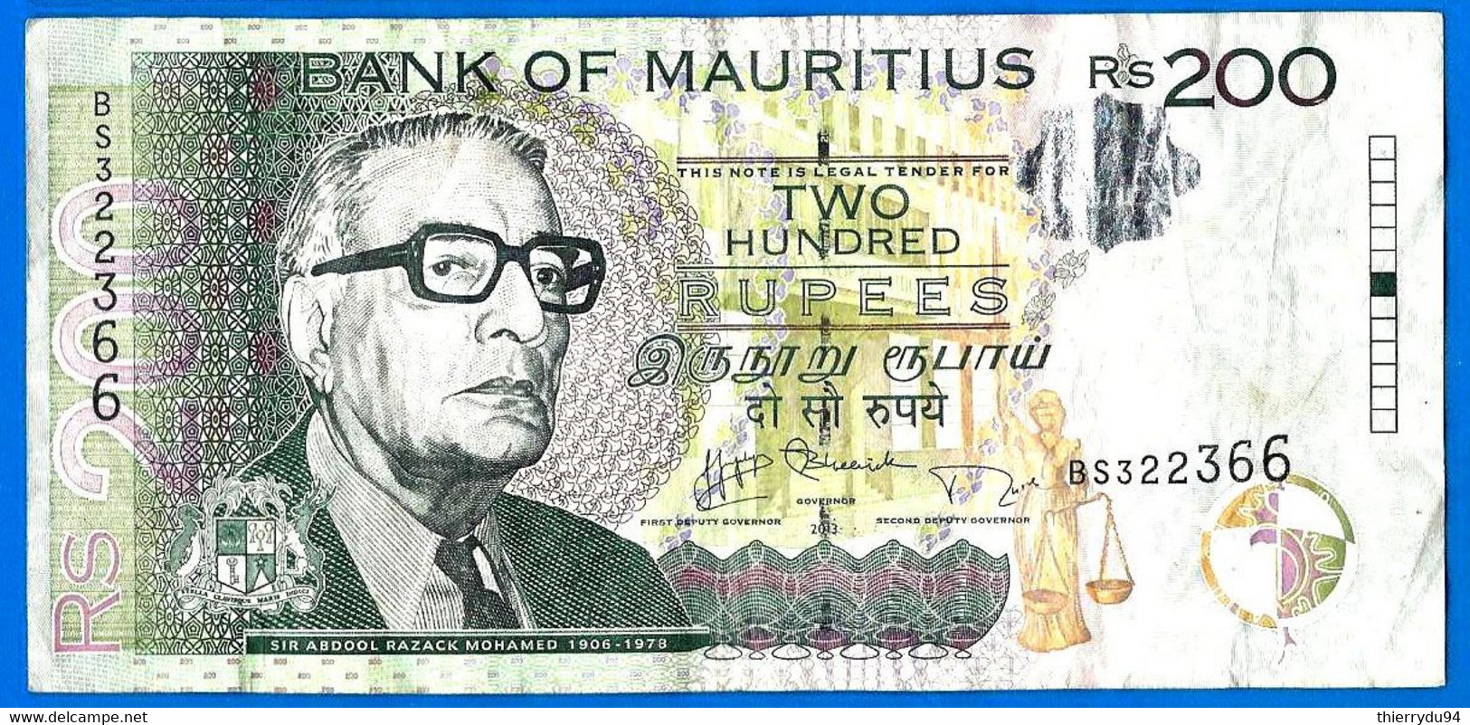 Maurice 200 Rupees 2013 Prefix BS Roupies Mauritius Island Paypal Bitcoin OK - Maurice