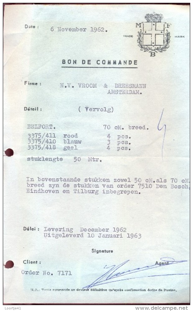 Factuur Facture - Bon De Commande - Vroom & Dreesman Amsterdam 1962 - Pays-Bas