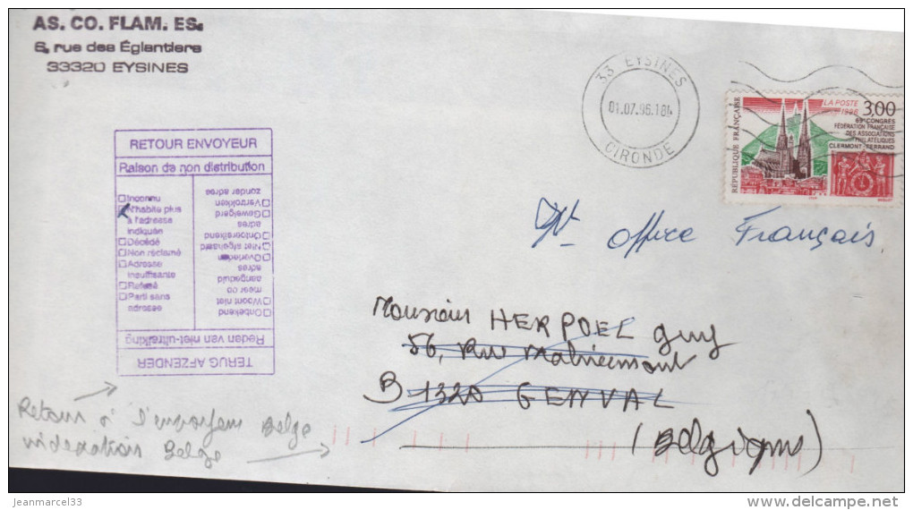 Lettre 33 Eysines 01.07.96. Flamme O= Pour La Belgique Grande Griffe Bilingue Violette NPAI Belge - Briefe U. Dokumente