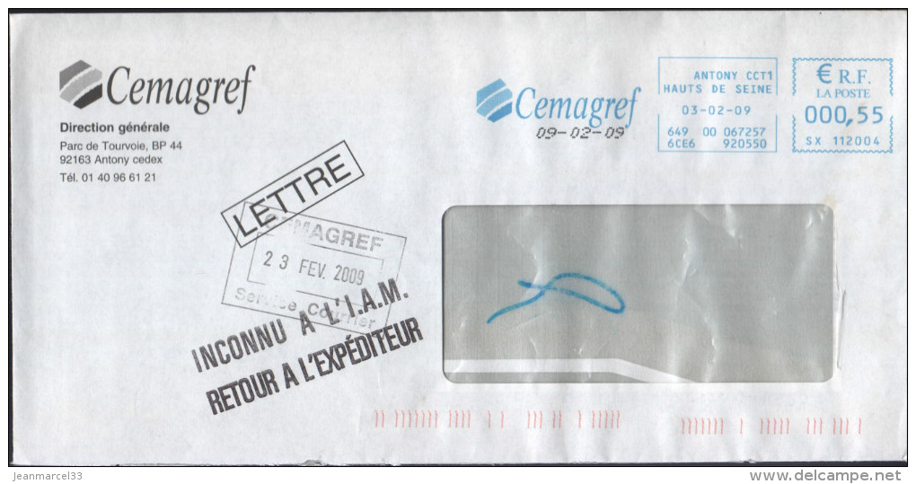 Lettre EMA Bleu Antony CCT1 03-02-09 Avec Griffe Noire " Inconnu A L'I.A.M. / Retour A L'Envoyeur" - Lettres & Documents