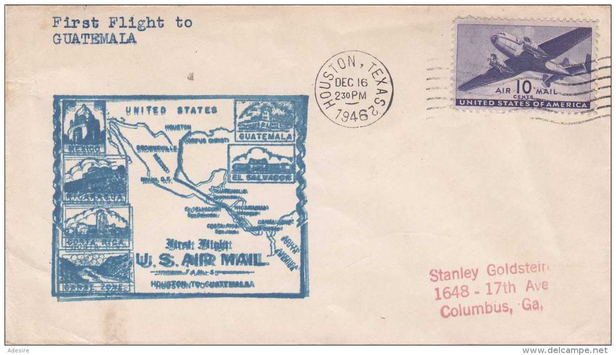 USA 1946 - First Flight To GUATEMALA, 10 C Flugpostmarke Auf Cover, Stempel Housten Texas Nach Guatemala - Guatemala