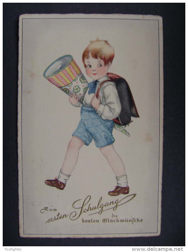 Die Besten Glückwünsche Zum Ersten Schulgang - Der Junge Mit Zuckertüte - Stempel Biersdorf Oberlausitz 1930 - Einschulung
