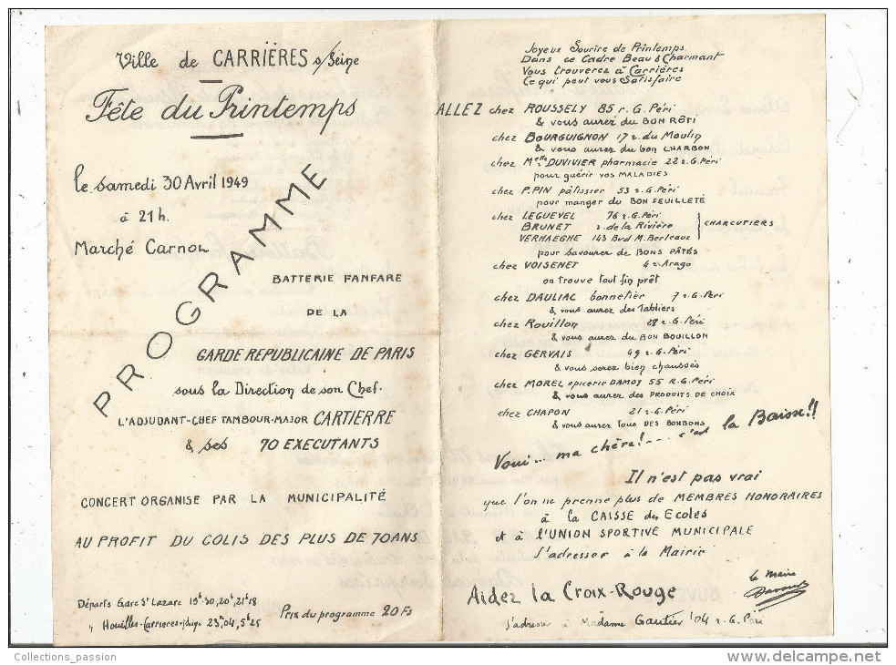 G-I-E , Programme , Ville De CARRIERES SUR SEINE , Fête Du Printemps , 1949 , Marché Carnot , 2 Scans - Programmes