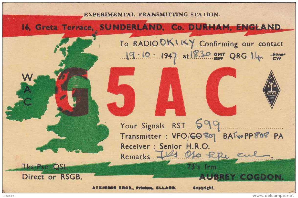 Sunderland, Co. DURHAM, ENGLAND To RADIO OKIKY 1947 - Radio