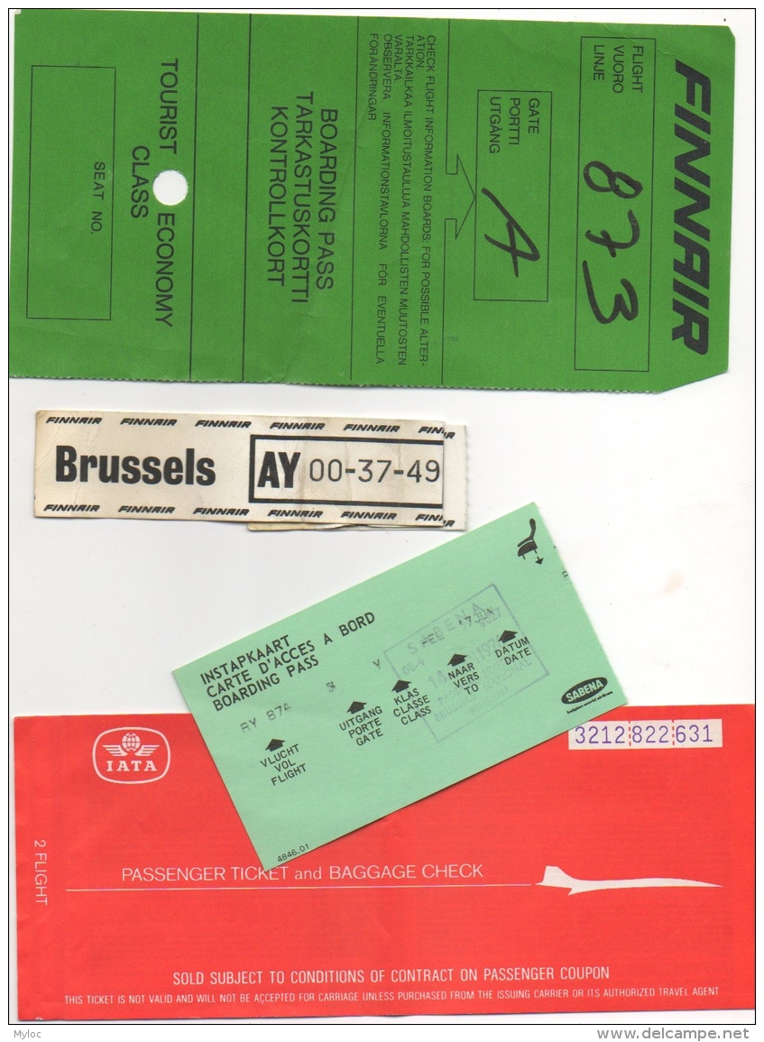 Billet/Ticket D'Avion. Finnair/Iata. Brussels/Helsinki/Brussels. 1976. + Boarding Pass. Lot De 4 Pièces. - Europa