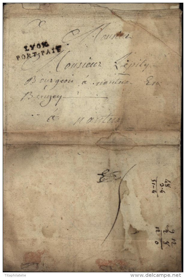 Lettre Pour Un Bourgeois De Nantua Ain Port Payée XVIII Lenain 22 Lyon N°22 Indice 16 Verso Taxe Manuscrite 5 - 1701-1800: Precursores XVIII