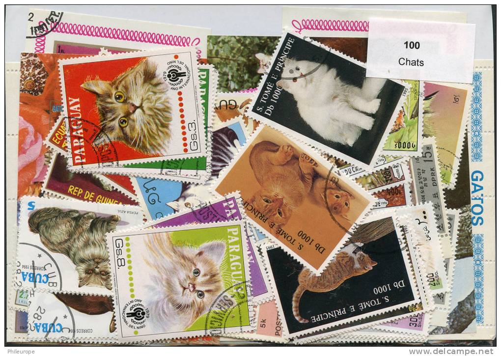 Lot 100 Timbres Chats - Vrac (max 999 Timbres)