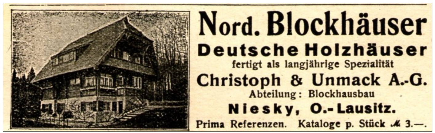 Original-Werbung/ Anzeige 1920 - NORD. BLOCKHÄUSER/ HOLZHÄUSER/ CHRISTOPH & UNMACK - NIESKY O.-LAUSITZ - Ca. 90 X 30 Mm - Werbung