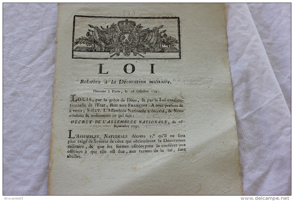 LOI RELATIVE A LA DECORATION MILITAIRE DU 16/10/1791 LOUIS ROIS DES FRANCAIS - Décrets & Lois