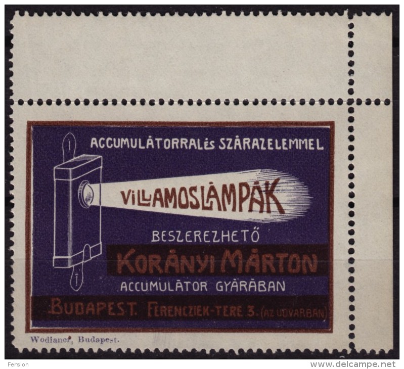 Electric Lamp + Battery + Accu / Advertising Stamp - 1910´s HUNGARY - LABEL CINDERELLA VIGNETTE - MNH - Electricité