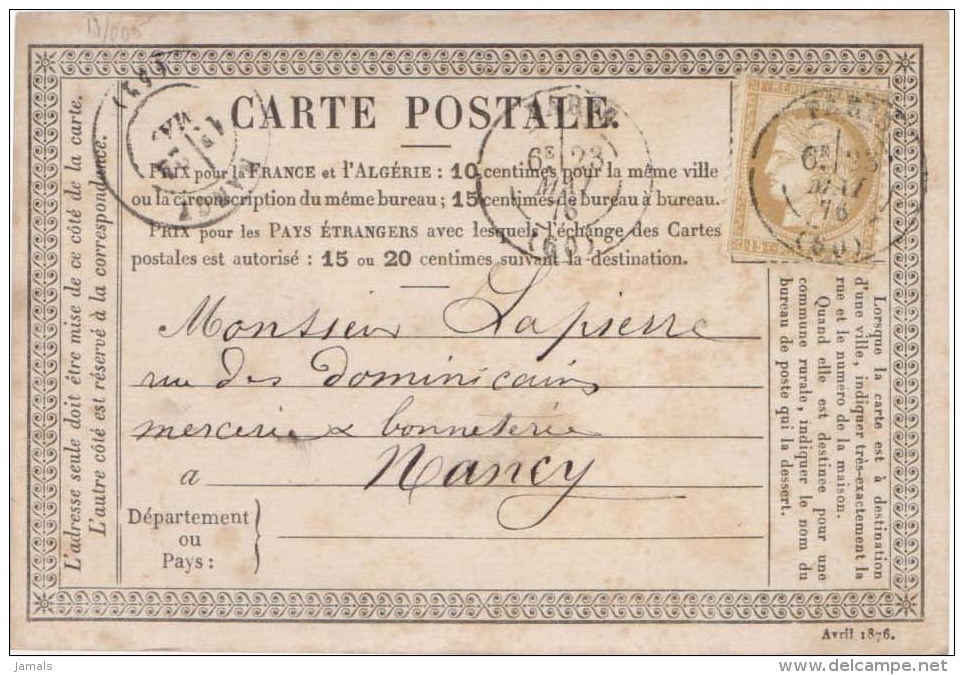 France Entier Postale, Postal Stationary Card, Used, Paris To Nancy - Precursor Cards
