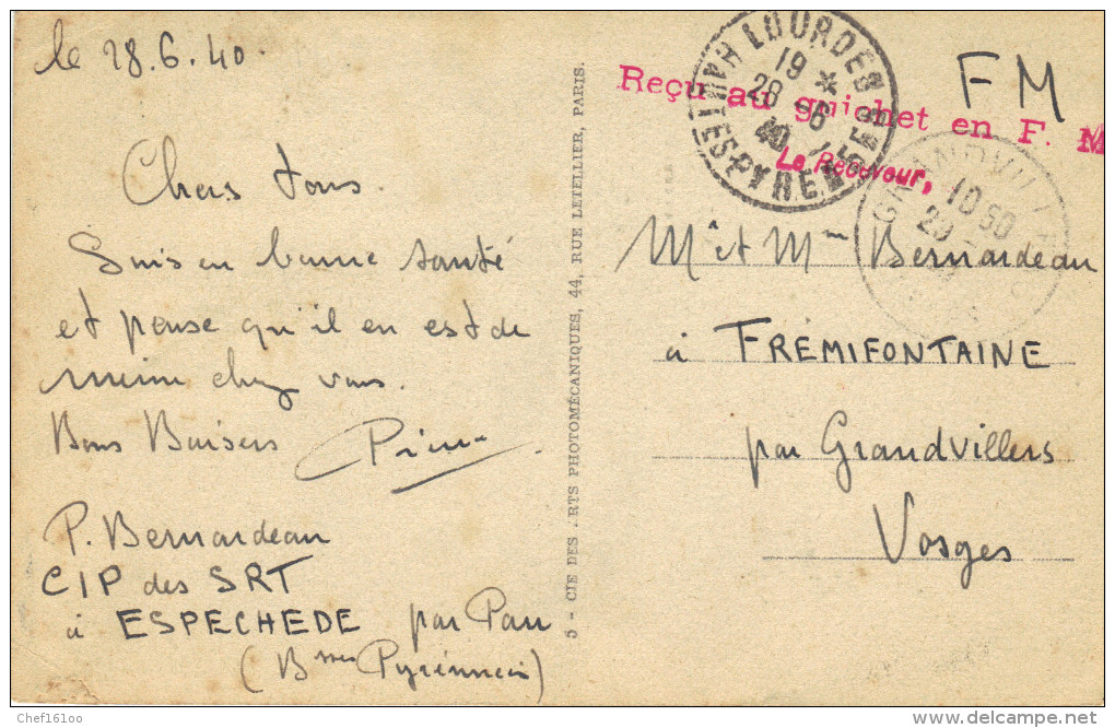 Carte De Lourdes Pour Trémifontaine, 28 Juin 1940, Griffe Linéaire En Rouge "Reçu Au Guichet En F.M.", Pas Courant - Guerre De 1939-45