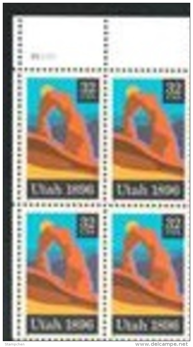 Corner Block -USA 1996 Utah Statehood Centenary Stamp Sc#3024 Delicate Arch Park Sun Rock - Blocks & Sheetlets