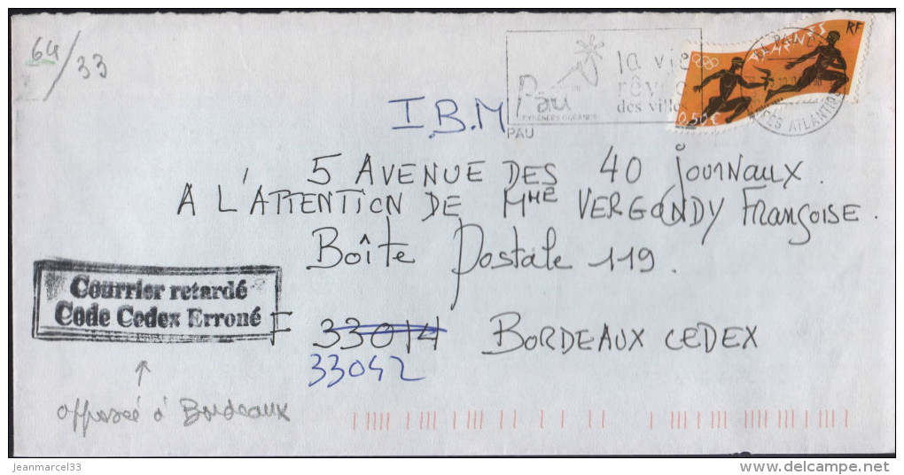 Lettre 64 Pau CTC 13.10.01 Flamme =o Griffe Noire Encadrée "Courrier Retardé / Code Cedex Erroné" - Briefe U. Dokumente