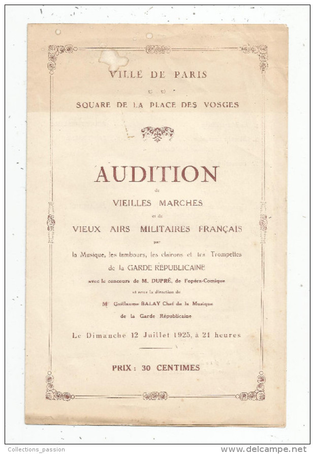 G-I-E , Programme , Ville De Paris , 4 Pages ,1925, Audition De Vieilles Marches Et Vieux Airs Militaires Français - Programma's