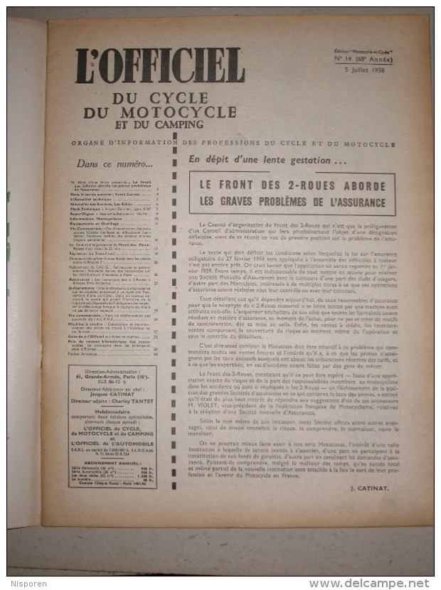 L´officiel Du Cycle, Du Motocycle Et Du Camping - N°14 5 Juillet 1958 - Alcyon- Zurcher  Type Z 37 - Moto