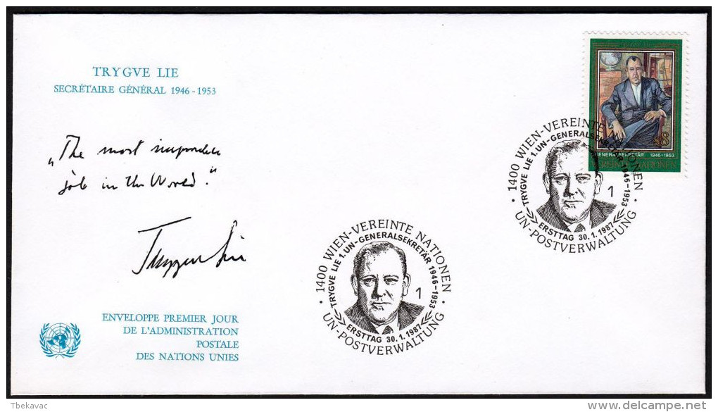 UN Wien 1987, FDC Cover "Trygve Lie" W./special Postmark "Wien", Ref.bbzg - FDC