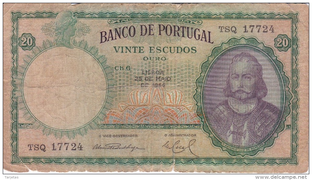 BILLETE DE PORTUGAL DE 20 ESCUDOS DEL AÑO 1954  (BANKNOTE) - Portugal