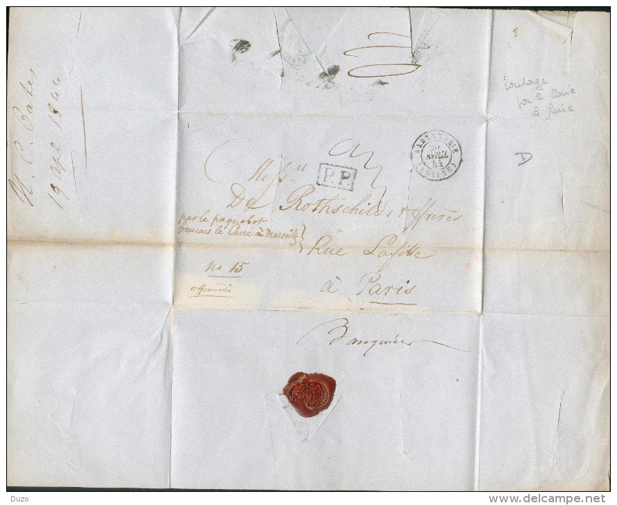 1844 - LAC Ligne Du Levant Marque D´entrée Alexandrie Egypte >>>> Rothschild Paris Taxe 20 Purifié Avec Entailles - Poste Maritime