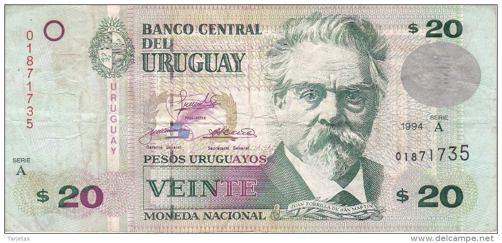 BILLETE DE URUGUAY DE 20 PESOS DEL AÑO 1994 (BANKNOTE) - Uruguay