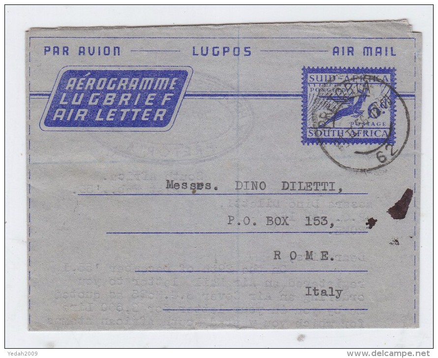 South Africa/Itay AEROGRAMME 1956 - Poste Aérienne