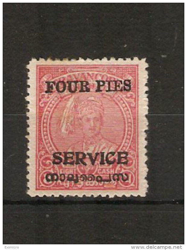 INDIA - TRAVANCORE - COCHIN 1949 4p On 8ca OFFICIAL  SG O2 PERF 12½ MOUNTED MINT Cat £8 - Travancore-Cochin