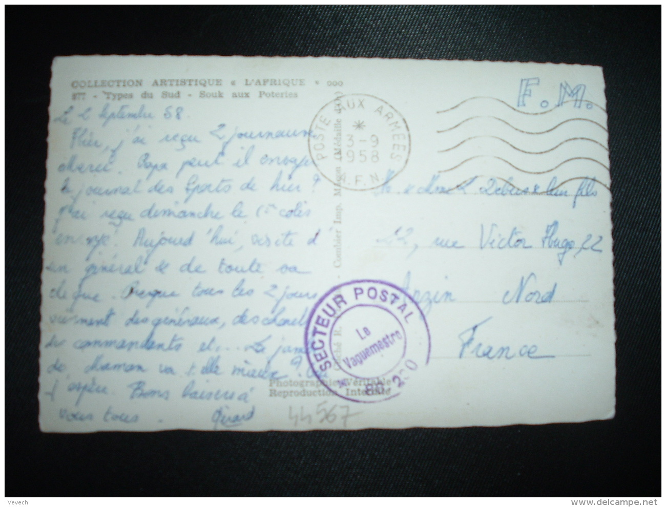 CP EN FM OBL.MEC.3-9-1958 POSTE AUX ARMEES AFN + SP 88.230 - Guerra D'Algeria