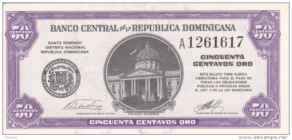 BILLETE DE REP. DOMINICANA DE 50 CENTAVOS ORO DEL AÑO 1961 (BANKNOTE) SIN CIRCULAR-UNCIRCULATED - Dominicaine