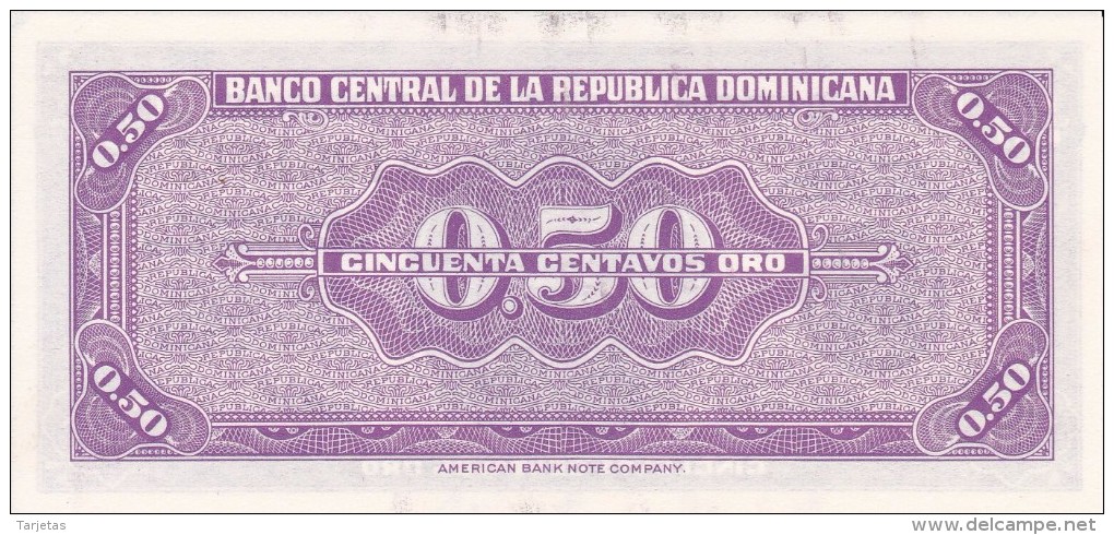 BILLETE DE REP. DOMINICANA DE 50 CENTAVOS ORO DEL AÑO 1961 (BANKNOTE) SIN CIRCULAR-UNCIRCULATED - Dominicaine