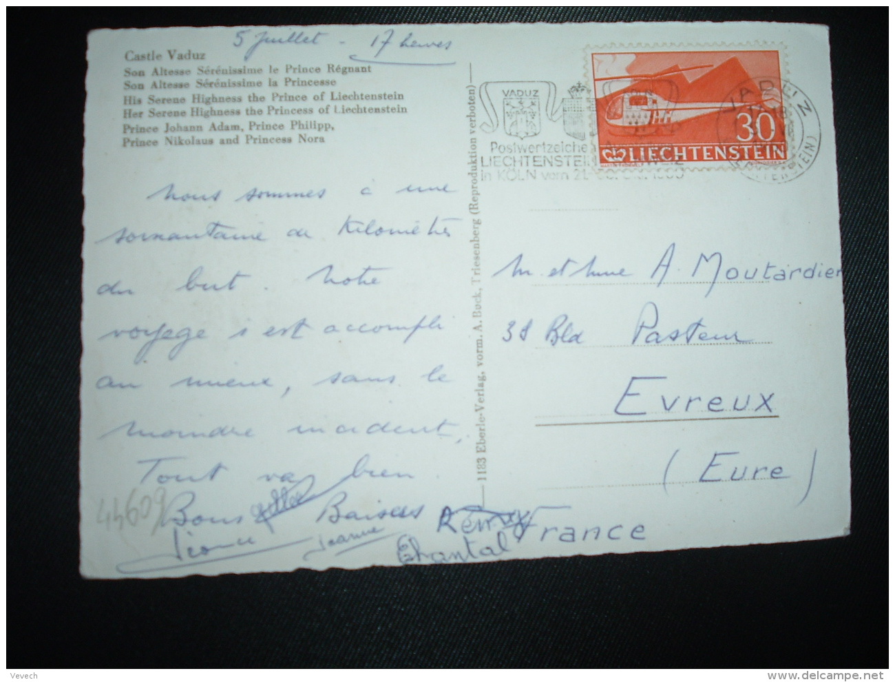CP Pour FRANCE TP HELICOPTERE 30 OBL.MEC.5 VII 1960 VADUZ - Briefe U. Dokumente