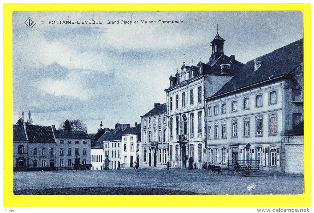 * Fontaine L'eveque (Hainaut - La Wallonie) * (SBP, Nr 2) Grand'Place Et Maison Communale, Cheval, Rare, Old, TOP CPA - Fontaine-l'Evêque