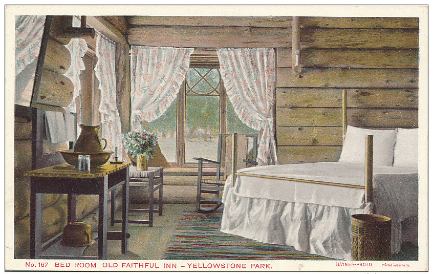 No. 167  BED ROOM  OLD FAITHFUL INN - YELLOWSTONE PARK.  HAYNES-PHOTO.  Printed In Germany -  2 7/8" T Back - Excellent - Yellowstone