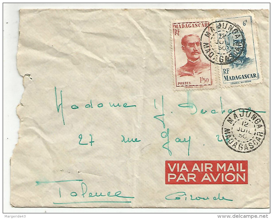 MADAGASCAR LETTRE AVION DE MAJUMGA POUR LA FRANCE DU 12/7/1950 - Lettres & Documents