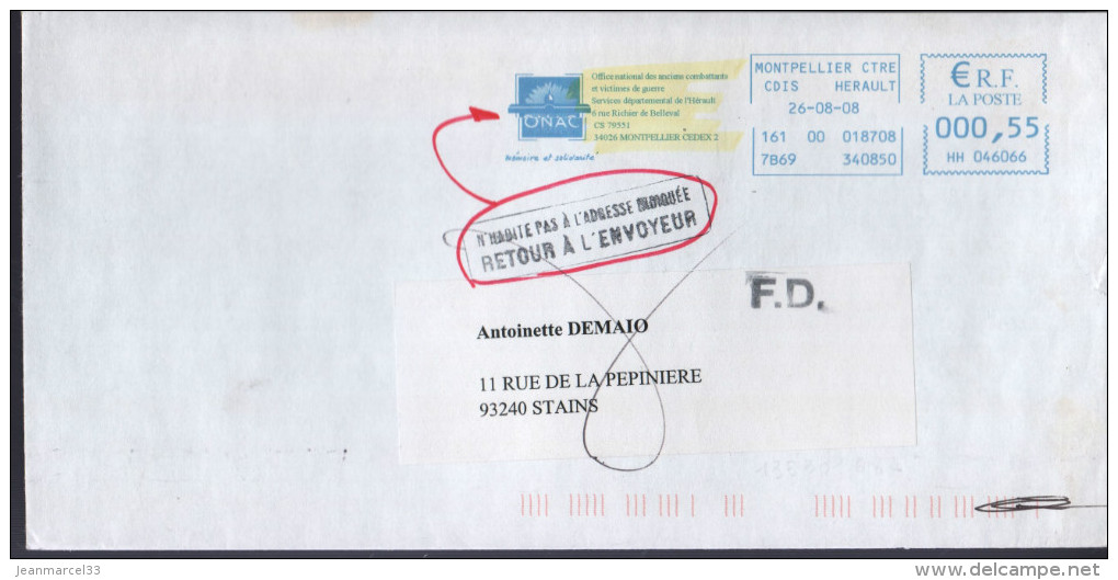 Lettre De Montpellier CDIS 26-08-08 Pour 93240 Stains FD Manuel + NPAI Apposé à 93 Stains Ppal - Covers & Documents
