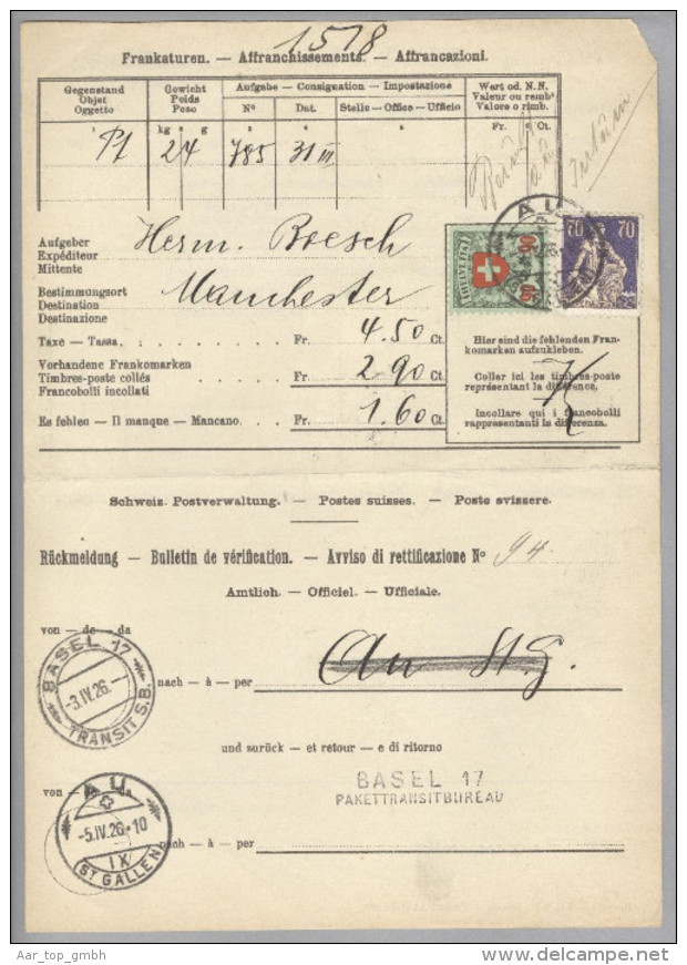 Schweiz 1926-04-03 Au Frankaturborderau Paket N.Manchester Fr.4.50-2.90=1.60 - Lettres & Documents