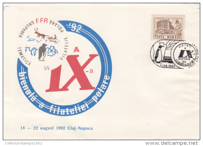 42751- PENGUINS, REINDEER, POLAR PHILATELIC EXHIBITION, SPECIAL COVER, 1992, ROMANIA - Events & Gedenkfeiern