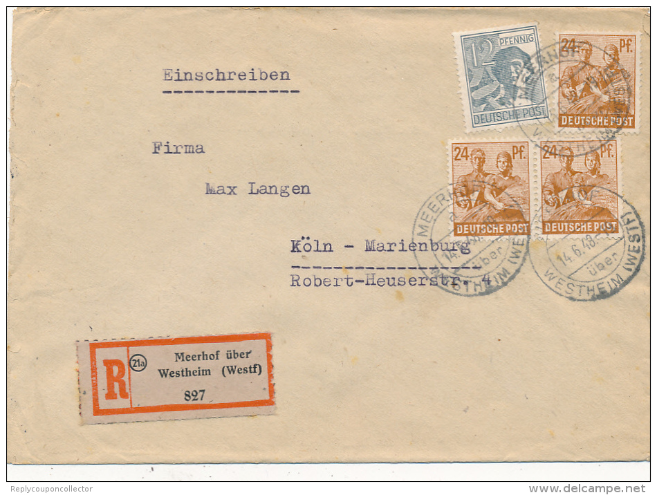 MEERHOF über Westheim - 14.6.48 , R-Brief Nach Köln-Marienburg - Sonstige & Ohne Zuordnung