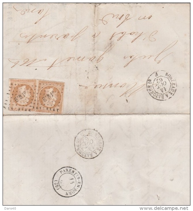 Lettre De Bordeaux Pour Parentis , Aff Du 13A En Double Cachet Ambulant De Jour Du 14.10.1862 "B.B1°" - 1849-1876: Période Classique